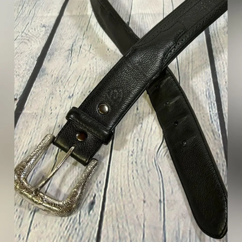 Ariat Black Leather Silver Buckle Western Southwestern Cowboy Casual Belt 44
